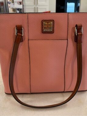 Dooney & Bourke Coral Pink Pebbled Leather Tote with Brown Straps